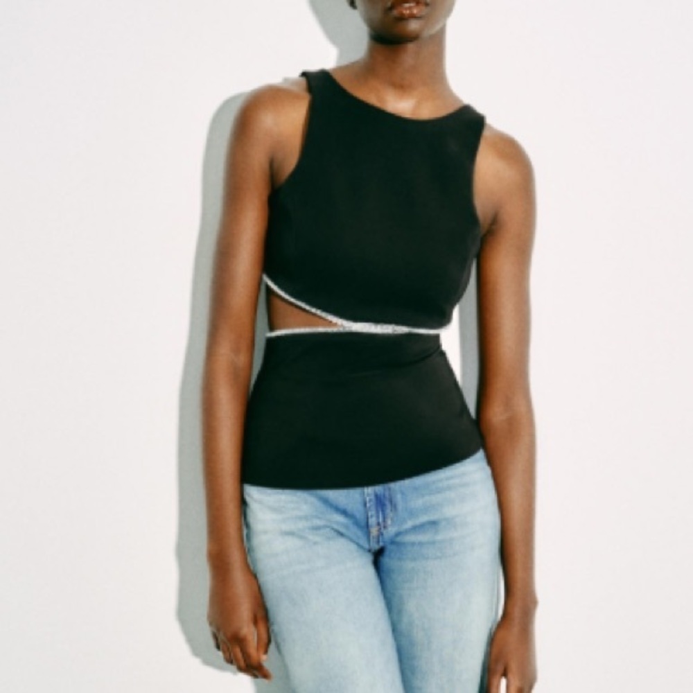 Zara NWT cut out rhinestone top black